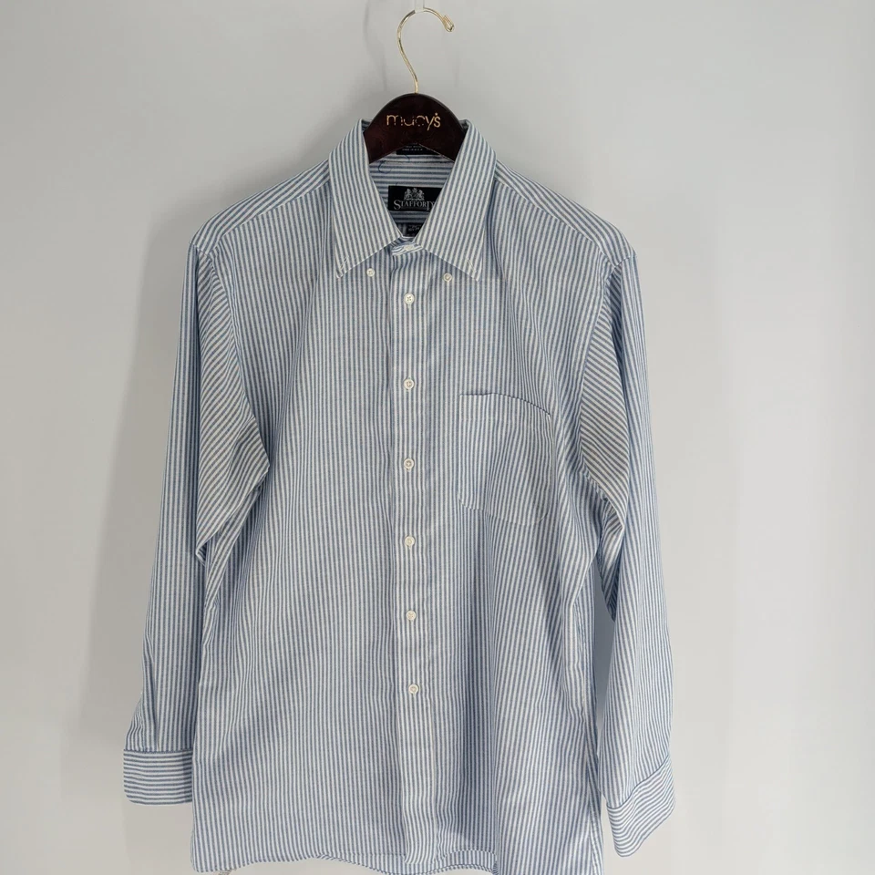Vintage Stafford Athletic Fit Striped Button Down Dress Shirt Blue White Size 34 - Image 1 of 4