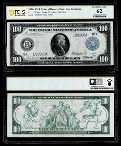 FR.#1128 US 1914 $100 Federal Reserve Note SAN FRANCISCO, PCGS UNCIRCULATED 62 - Picture 1 of 1