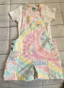 Girls 365 Kids SZ 8 tie dye pastel print Short Overalls w/ Top GIRLS CAN RAINBOW - Picture 1 of 7