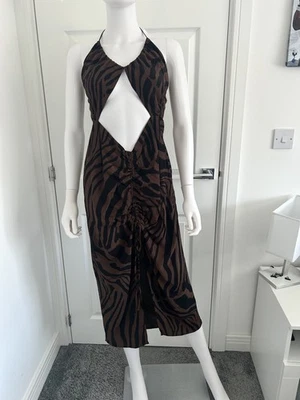 H&M Women's Brown Black Animal Print Cut Out Midaxi Dress Size M New - Image 1 of 4