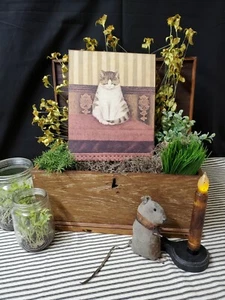 SWEET PRIMITIVE ANTIQUE VINTAGE FOLK ART STYLE PORTRAIT CAT FLAT CANVAS SIGN - Picture 1 of 9