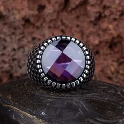 925 Sterling Silver Natural Amethyst Gemstone Handmade Ring For Men's Ring - Image 1 of 4