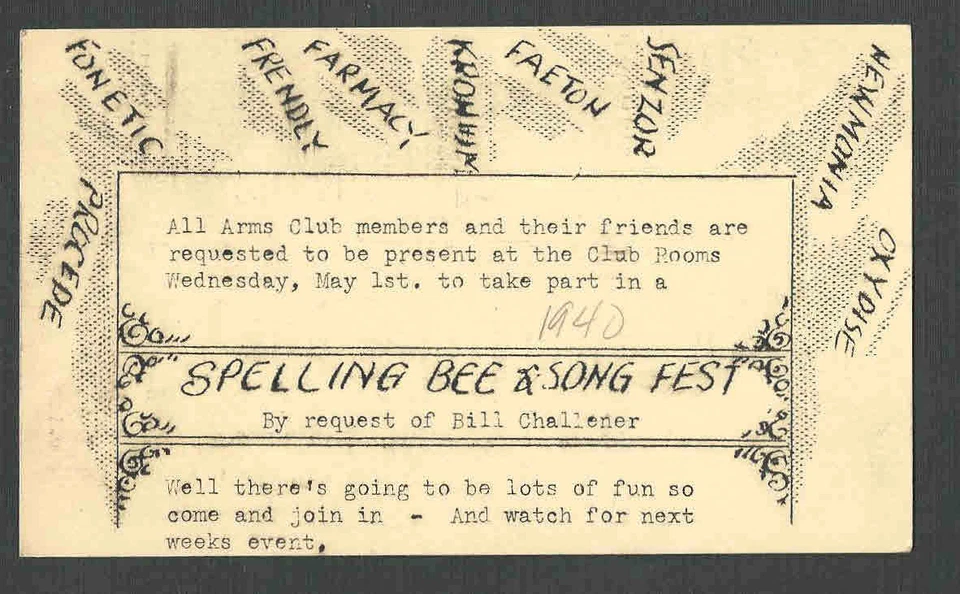 DATED 1940 PC SPELLING BEE & SONG FEST AT ALL ARMS CLUB WASH PA - Image 1 of 1