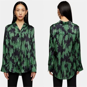 TOPSHOP Black Green Satin Shirt Size 6-8-10 Oversize Abstract Collar Shirt Uk 6 - Picture 1 of 11