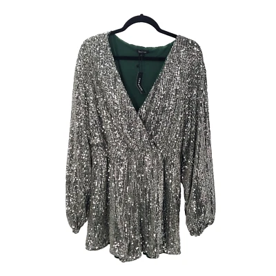 Boohoo 12 Blousan 袖亮片裹身前连身裤女式银色绿色 — 第 1/4 张图片