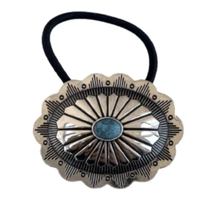 Western Concho Silver & Turquoise Ponytail Holder, Native American Cowboy Style - Picture 1 of 8