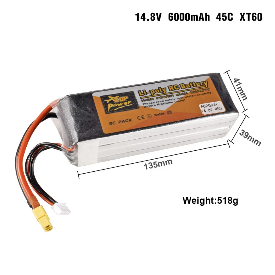 Batería Zop Power 4S RC Lipo 14.8V 6000mAh 45C XT60 Enchufe para RC Coche Barco Drone Foto 1 de 1