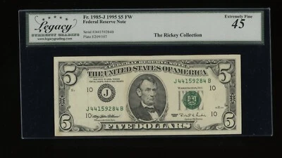 DBR 1995 $5 FRN Kansas City Fr. 1985-J Legacy 45 Serial J44159284B - Image 1 of 2