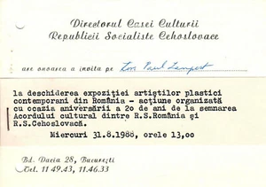 Romania, 1988, Vintage Exhibition Invitation - Czechoslovakia House of Culture - Picture 1 of 1