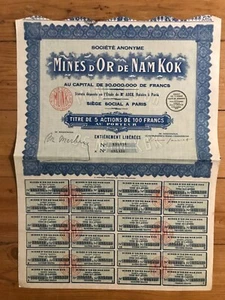 titre 5 actions: MINES d'OR DE NAM KOK (INDOCHINE) (B3) - Imagen 1 de 1