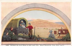 Postal UT: Construyendo la primera casa en Salt Lake City, Utah, mural, lino - Imagen 1 de 2