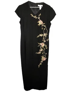 Vintage Black Shieth Dress 12 P Beautiful Pink Floral Embroidery - Picture 1 of 5
