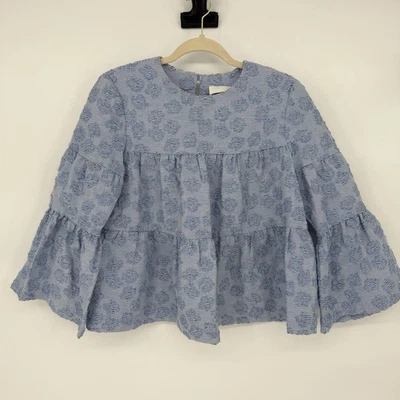 CO Sz M Top Blue Tiered Seersucker Floral Textured Coastal Bell Sleeve Blouse - Image 1 of 4