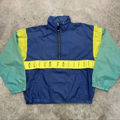 Vintage Ocean Pacific Jacket Mens Large Blue Green Yellow Windbreaker Surf 90s - Image 1 of 4