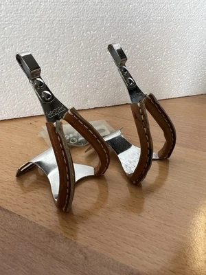 NOS vintage Christophe Special TOE CLIPS Chrome w/ Leather Cover SMALL France - Image 1 of 4