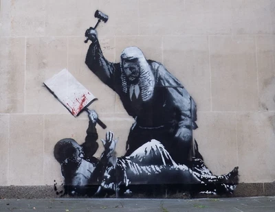Banksy Judge Hitting a Protester Canvas Picture Print Wall Art - Image 1 of 4