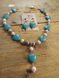Turquoise Color Howlite Stone Heart Shape Necklace Set Handcrafted - Picture 1 of 5