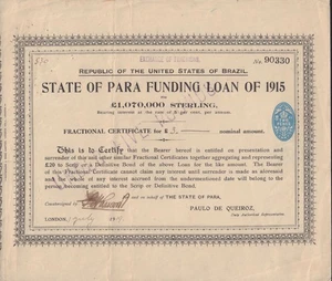 BRAZIL Government  The State of Para Bond 1915 - Picture 1 of 1