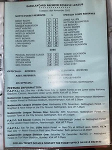 19/11/2002 IPSWICH V  NOTTINGHAM FOREST Reserves Teamsheet - Picture 1 of 1