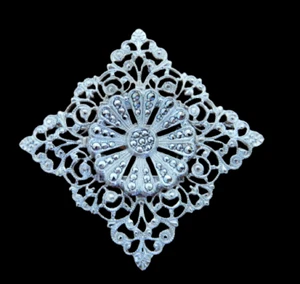 Vtg 925 sterling silver filigree diamond shape brooch w/ marcasite accent stones - Picture 1 of 10