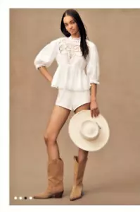 Anthro Forever that girl White Eyelet Babydoll Top Let me be Cutwork-Yoke Sz S - Picture 1 of 13