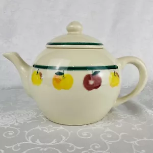 Vtg Hartstone Tea Pot 1989 USA Apples Green Stripes Large 6 Cups Very Nice Shape - Picture 1 of 12
