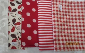 4 Cut cotton fabric for Quilters or Crafts Red Black White Flowers Stripes Dots - Picture 1 of 5