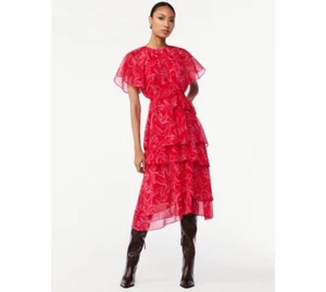 Scoop Women's Tie Waist Midi Dress with Ruffle Sleeves Size M Red Marble - Picture 1 of 4
