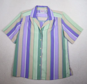 TANJAY Women's Top Size 6P Purple Green Striped Short Sleeve Button-Up Camp - Picture 1 of 6