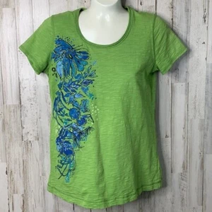 SB Active Womens Athletic T Shirt S Green Floral Short Sleeve Slub Knit R8 - Picture 1 of 5