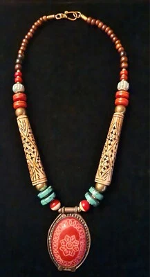 Handmade Bali Rosewood Beaded Neckless W/ Bone Shaped & Turquoise Howlite Beads - Image 1 of 4
