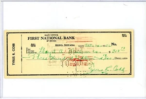 TY COBB FIRMATO ASSEGNO JSA FULL SIZE LETTERA DI AUTENTICITÀ INCHIOSTRO VERDE INCHIOSTRO VERDE - Foto 1 di 3