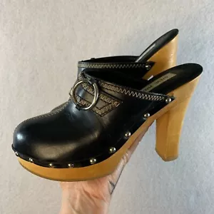 Vintage 90s Steve Madden Women Y2K Heel Clogs Sz 6 Black Leather Chunky Studded - Picture 1 of 17