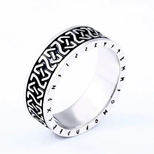 Anello Runa Vichinga Acciaio Inox Argento Celtico Norreno Pagano - Foto 1 di 6