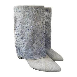 Elegant Sparkling Blue Denim Rhinestone Western Cowboy Calf Boots Women 7.5-8 - Picture 1 of 10