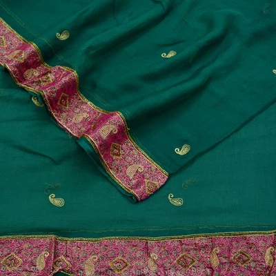 Bufanda india vintage verde Dupatta pura seda estola larga bordada a mano Foto 1 de 4