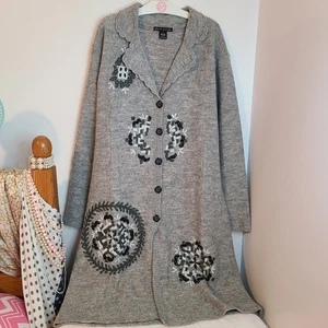 Maglione lungo spolverino vintage Silk Club 100% lana taglia large grigio ricamato - Foto 1 di 6