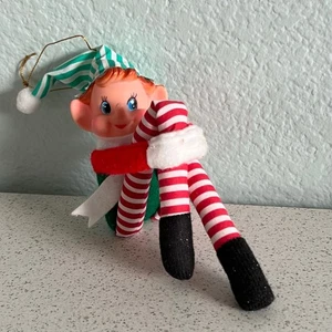 Vintage Pixie Elf Red Green Bendable Knee Hugger 11" Figurine Christmas Ornament - Picture 1 of 6