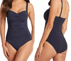 Costume da bagno intero Sea Level Australia blu navy nero taglia 14 arricciato - Foto 1 di 6