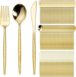 300pcs Gold Plastic Silverware Set Heavy Duty Utensils Forks Knives Spoons Party - Picture 1 of 12