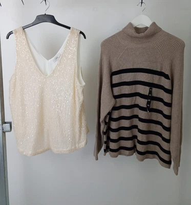M&S Womens 2pcs Sequined Top & Knitted Turtle Neck Jumper Beige Size XL NEW F2 - Image 1 of 4