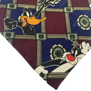 Vintage Looney Tunes Tie Mens One Size Burgundy Blue Cartoon Tweety Daffy 90s - Picture 1 of 10