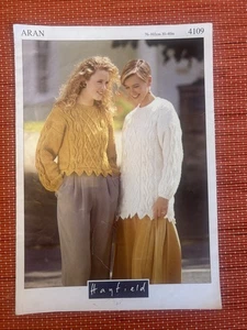 WOMENS ARAN CABLE LEAF JUMPER LONG & SHORT 30”-40” VTG KNITTING PATTERN 4109 - Picture 1 of 2