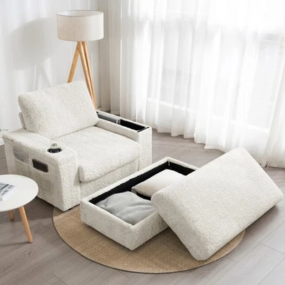 Sofá cama chaise lounge de 42" de gran tamaño interior, imitación piel de conejo con otomana de almacenamiento Foto 1 de 4