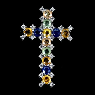 Colgante de plata de ley 925 zafiro redondo 3 mm piedras preciosas naturales cruz joyería Foto 1 de 4