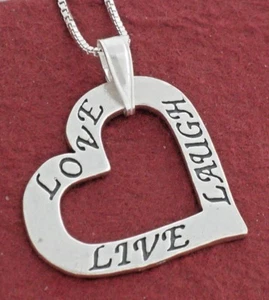 Live Love Laugh Necklace Sterling Silver Heart Solid 925 Charm Pendant and Chain - Picture 1 of 2