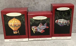 3 Hallmark 1993 Ornament Pressed Tin Fliers Hot Air Balloon Airplane Blimp - Picture 1 of 7