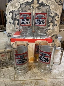 Vintage Bud Light 4 Piece Glass 12 Fl Oz Mug Set Classic Coasters See Pics! 😍 - Picture 1 of 20