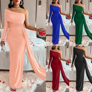 Womens One Shoulder Long Sleeve Party Dress Cocktail Bodycon Maxi Dress Gown UK - Picture 1 of 27