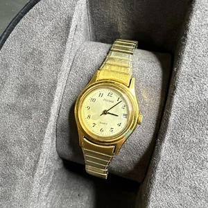 Vtg Pulsar Watch Women Gold Tone V782-0040 Date 24mm Stretch New Battery 6.5" - Picture 1 of 4